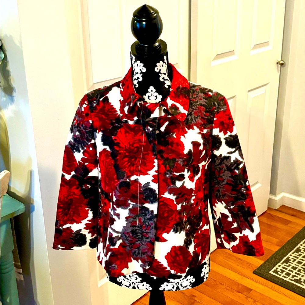 Talbots Red/Black Floral Collar Blazer Jacket Coat Womens Size 12P Snap Buttons